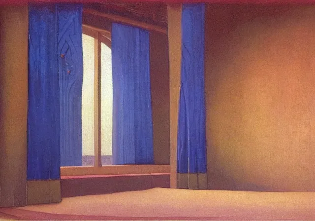 Image similar to a detailed oil painting of a large ball room, pillar, ominous,, curtains, by nicholas roerich, by frank frazetta, by hans emmenegger, by bruce pennington, by eyvind earle, moisture, grainy, highly detailed, realistic, outline, line,
