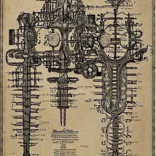 Prompt: schematic blueprint of highly detailed ornate filigreed convoluted ornamented elaborate medical equipment, art by da vinci