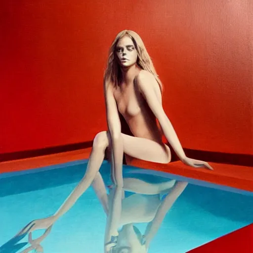 Image similar to British model Cara Delevigne with beautiful face and full body laying in a blood red pool of water between a bright golden glowing mirror frame, outside is space and inside the mirror frame is a beautiful landscape. You can see her reflection in the red pool of water. Hyperrealistic surreal 4K IMAX Rene Margritte intricate, elegant, highly detailed, digital painting, artstation, concept art, smooth, sharp focus, illustration, art by artgerm, Francis bacon, HR Giger and greg rutkowski and alphonse mucha fashion photography