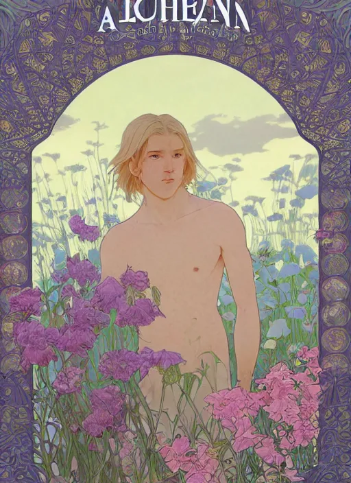 Prompt: book cover, pretty young man with shoulder length blond hair, male, half body shot, flower pattern background, path traced, highly detailed, high quality, digital painting, by studio ghibli and alphonse mucha, leesha hannigan, hidari, art nouveau, chiho aoshima, jules bastien - lepage