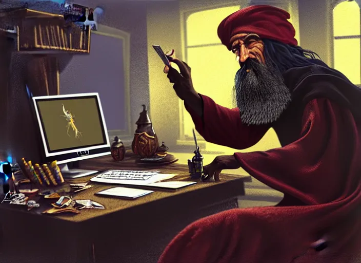 Prompt: matte oil painting, side view of a fantasy wizard using a pc, as a dnd character, sitting inside a cluttered bedroom, retro 6 0 s computer, wearing a nightcap, long white beard, medieval, extremely detailed, digital illustration, concept art, readability, smooth, sharp focus, art by brothers hildebrandt