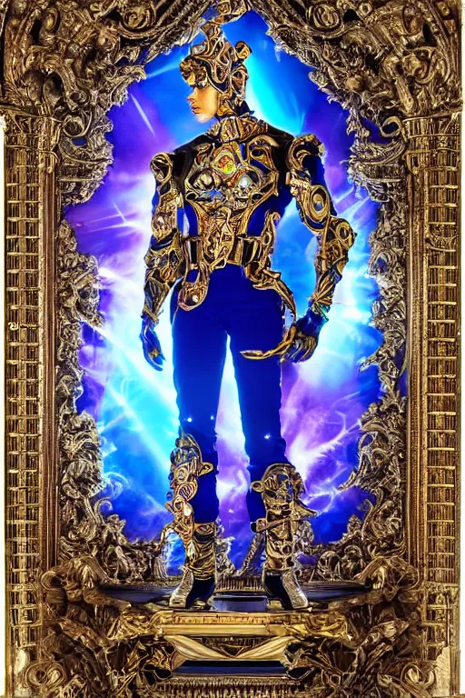 Prompt: full-body sculpture of a young handsome Colombiano prince as a half cibernetic android with a glowing blue battery in his chest, white laser beam coming out of his eyes, crown of giant diamonds, flowing neon-colored silk, fabric, raptors, in a cyperbunk and baroque style. baroque elements. full-length view. baroque element. intricate artwork by caravaggio. many many birds birds on background. Trending on artstation, octane render, cinematic lighting from the right, hyper realism, octane render, 8k, depth of field, 3D