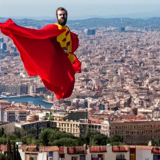 Prompt: santigo abascal flying over barcelona wearing a red and yellow cape