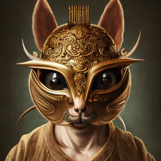 Image similar to centred detailed baroque portrait of a grotesque squirrel in a Japanese helmet and with katana, realistic creature concept, identical eyes, gazing eyes, beautiful eyes medium shot, elegant pose, fantasy, illustration, slender symmetrical face and body, artstation, cinematic lighting, hyperdetailed, cgsociety, 8k Resolution, high resolution, Charlie Bowater, Tom Bagshaw, Tom Richmond, single face, insanely detailed and intricate, beautiful, elegant, golden ratio, bloom and flowers in background, vfx, psychadelic