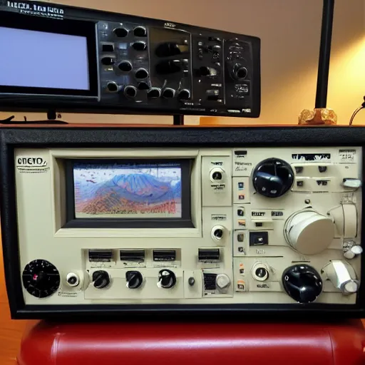 Prompt: large radio console, ham radio, yaesu, icom, kenwood, amateur radio, 8 k, photo realistic, high detail