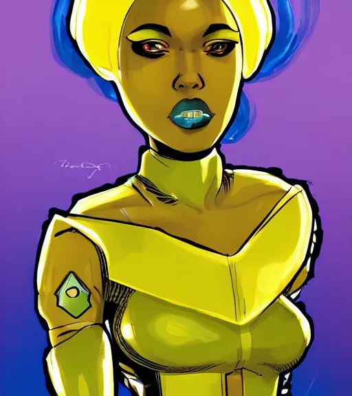 Image similar to a digital painting of a black female android with futuristic hair and yellow make-up, a comic book panel by Craig Thompson, behance contest winner, afrofuturism, marvel comics, official art, artstation hq