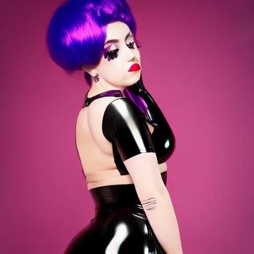 Prompt: curvy feminine goth young woman with dignified tight shiny latex dress, latex stockings, inviting posture, purple makeup, photorealistic, sublime, 16k, smooth, sharp focus, hyperdetailed, volumetric lighting