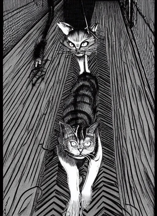 Image similar to a cat with spider legs and spider eyes, walking towards camera, highly detailed, by junji ito.