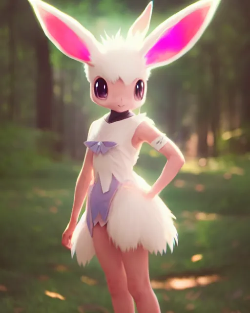 Image similar to photo of eevee pokemon humanisation, fully dresse, film still, dslr, by greg rutkowski, ross tran, artgerm, wlop glossy skin, pearlescent, very coherent, cute