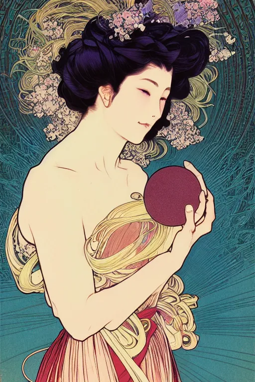 Prompt: beautiful portrait digital painting of a female holding an orb, blush, pleated skirt, flowing hair, slim face, elegant, alphonse mucha, by yoichi hatakenaka, masamune shirow, josan gonzales and dan mumford, ayami kojima, takato yamamoto, barclay shaw, karol bak, yukito kishiro