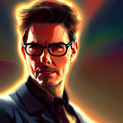 Image similar to Tom Cruise as Tony Stark, ambient lighting, 4k, alphonse mucha, lois van baarle, ilya kuvshinov, rossdraws, artstation