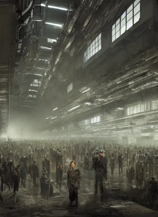 Prompt: a long queue of people standing in a huge underground dystopian factory , hyperdetailed, artstation, cgsociety, 8k