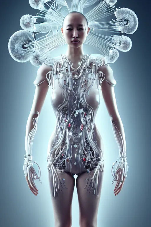 Image similar to beautiful young asian woman, iris van herpen, perfect symmetrical body, full body shot, inflateble shapes, wires, tubes, veins, jellyfish, white biomechanical details, wearing epic bionic cyborg implants, masterpiece, intricate, biopunk, vogue, highly detailed, artstation, concept art, cyberpunk, octane render