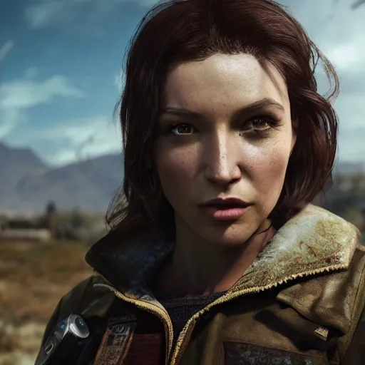 Image similar to fallout 5, charismatic beautiful rugged brunette female protagonist, portrait, outdoors in front of the entrance to vault 1 5 6, atmospheric lighting, painted, intricate, volumetric lighting, beautiful, daytime, sunny weather, slight overcast, sharp focus, deep colours, ultra detailed, by leesha hannigan, ross tran, thierry doizon, kai carpenter, ignacio fernandez rios