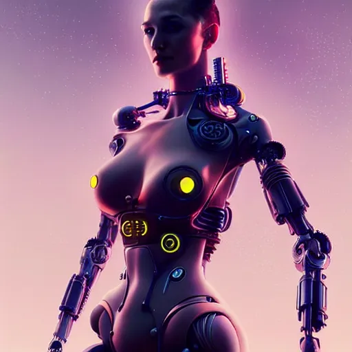 Image similar to a beautiful highly detailed futuristic mechanical lady, seductive confident pose, art by greg rutkowski and mark keathley, geof darrow, cyberpunk, 7 0 mm photo, featured on artstation, 4 k, octane render