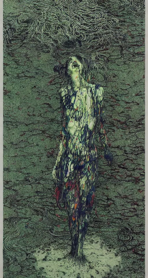 Image similar to standing in the brine, high detailed beksinski painting, part by adrian ghenie and gerhard richter. art by takato yamamoto. masterpiece, dark, deep colours, green, black