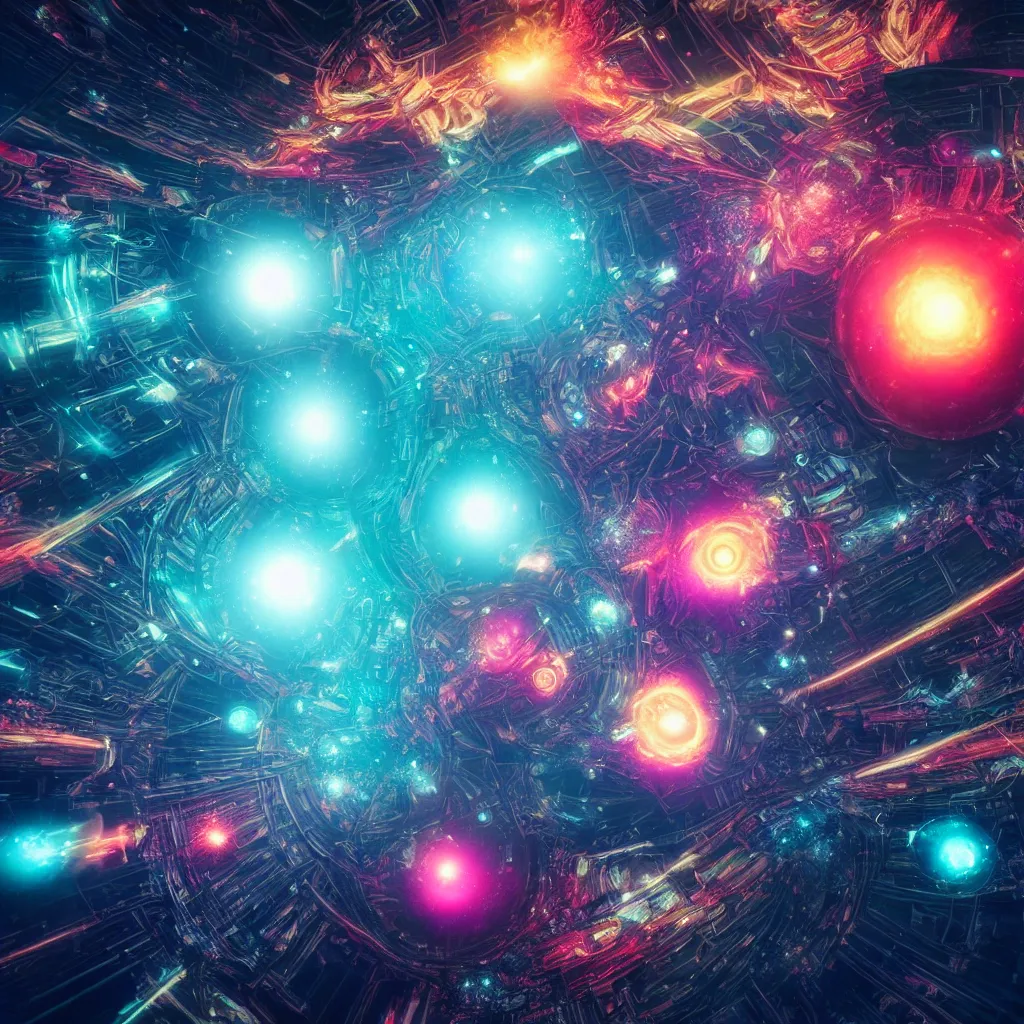 Prompt: the birth of the multiverse from particles of chaos, futurism, supernova, fractal, landscape, realistic, cyberpunk, steampunk, neon, 8 k