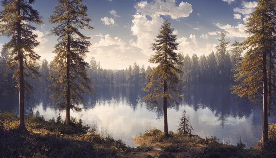 Image similar to portrait of a large lake surrounded by pine forest, highly detailed, sunny, blue sky, cinematic lighting, highly angle, godrays, volumetric, photorealistic, digital art painting by greg rutkowski