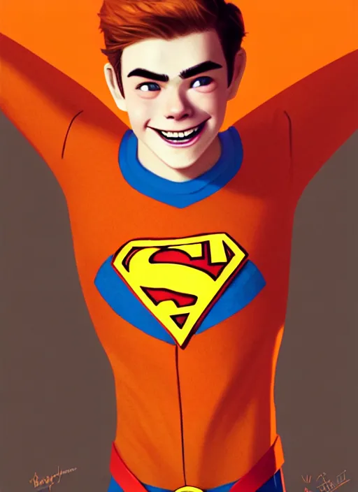 Image similar to friendly teenage archie andrews wearing an orange superhero costume with heart logo, freckles, superhero costume, heart emblem on chest, cape, intricate, elegant, glowing lights, highly detailed, digital painting, artstation, sharp focus, illustration, art by wlop, mars ravelo and greg rutkowski