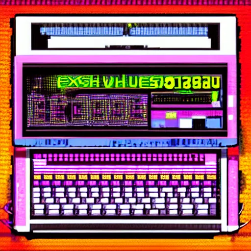 Prompt: c 6 4 with datasette in retro synthwave style, extreme detail