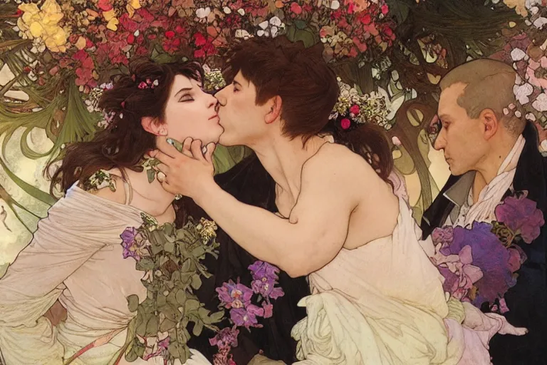 Image similar to the groom kisses the bride at a wedding full of flowers, bright and happy, dreamlike art, highly detail, 4 k realistic, wedding photoy krenz cushart. artem demura. alphonse mucha. yoji shinkawa artgerm. jon lothian. danilo torres. adi meyers. thomas reimann. gaston bussiere.