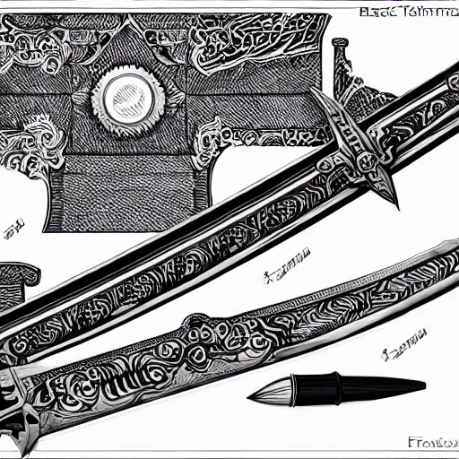 Image similar to black and white pen and ink sword design highly detailed technical drawing