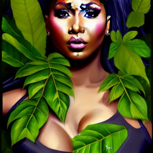 Image similar to nicki minaj clothed in leaves digital painting, photorealistic, in the style of greg rutkowski, full body, detailed face