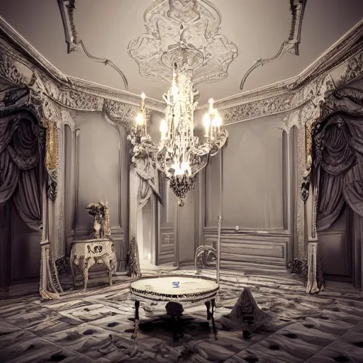 Image similar to a Gothic baroque porcelain room furnished with baroque furniture made of porcelain and white veils, explodes. trending on artstation, sensual gloomy, volumetric clouds, unreal render, depth of field