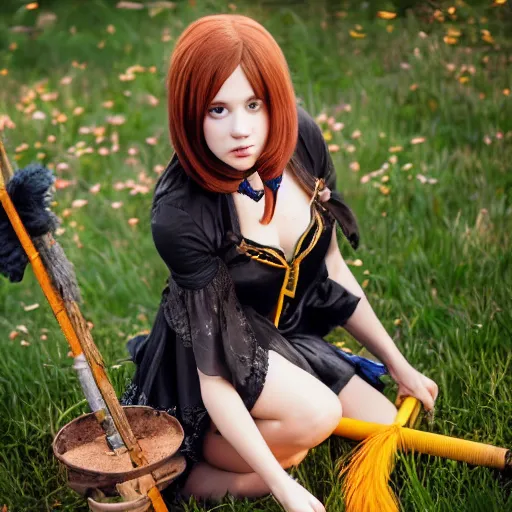 Image similar to young woman witch with magic wand and broom cosplay, she wears boots, full body, beautiful face, photo taken by nikon, 4k, high quality, very detailed, intricant