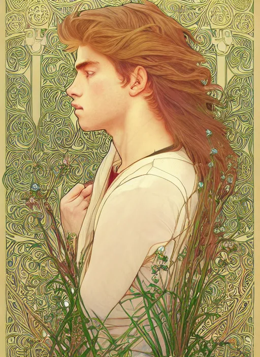 Image similar to pretty young man with shoulder length shiny shimmering golden blond hair, half body shot, decorative flower patterned background, path traced, highly detailed, high quality, digital painting, by studio ghibli and alphonse mucha, leesha hannigan, hidari, disney, jules bastien - lepage