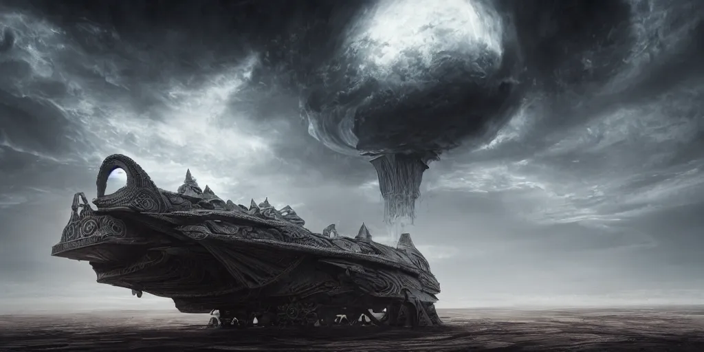 Prompt: a large ominous and geometric very ornate and detailed spaceship, lots of shapes intertwined very large and long floating over a barren dry land with an epic cloud formation on the background by James Paick,very detailed, octane render, 8k, scary and brooding, scary and dark, canon 24mm lens