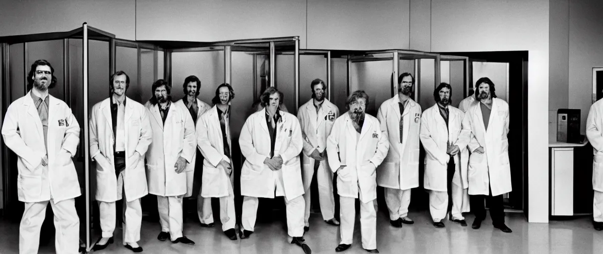 Prompt: a high quality extreme wide establishing shot hd 4 k film 3 5 mm color photograph of a group of grizzled caucasian male scientists wearing lab coats waiting at a large sealed glass security door waiting to go inside a top secret lab in 1 9 8 2