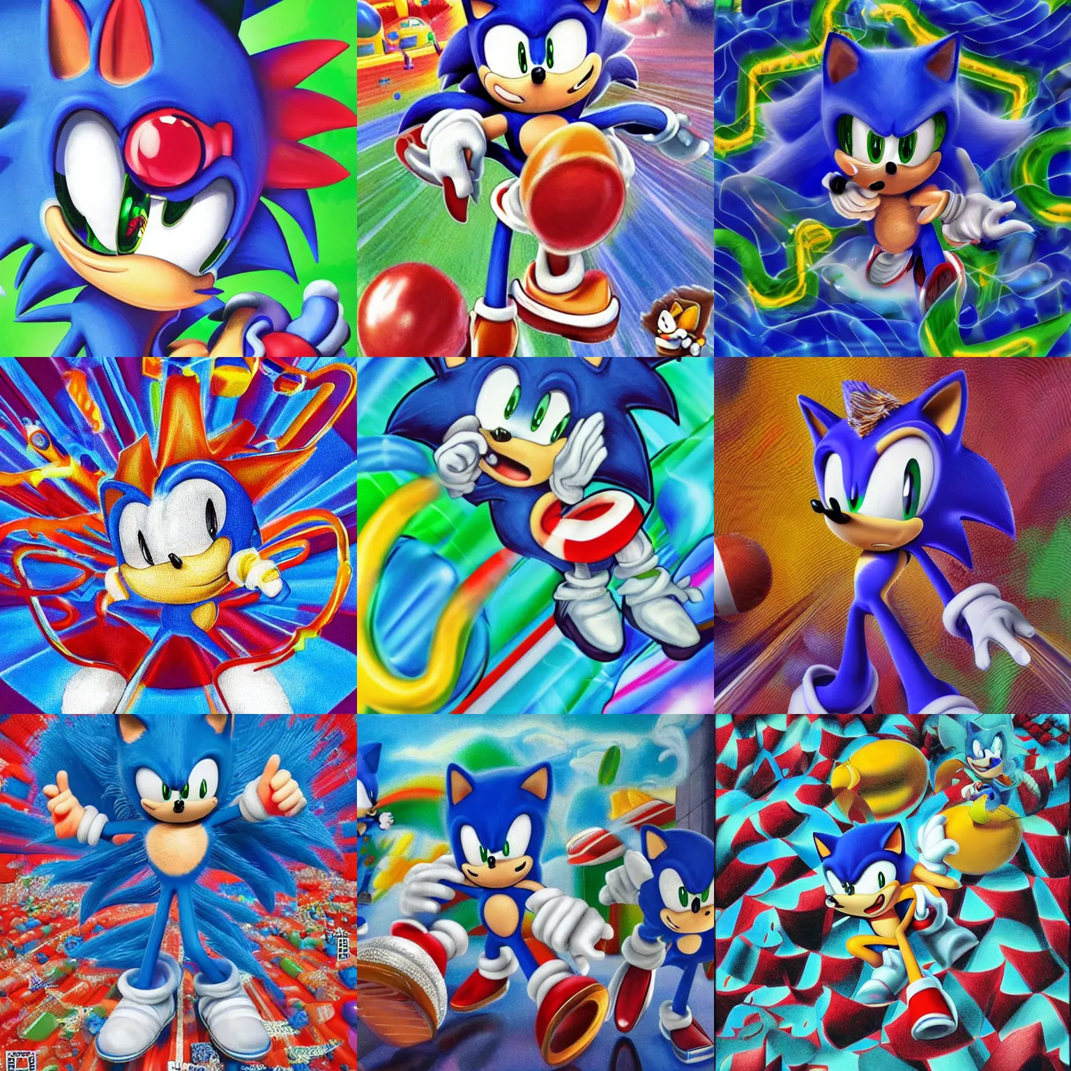 Prompt: sonic the hedgehog portrait, surreal, sharp, detailed professional, soft pastels, high quality airbrush art album cover of a liquid bubbles airbrush art lsd taffy dmt sonic the hedgehog dashing through cotton candy, gummy worm checkerboard background, 1 9 9 0 s 1 9 9 2 sega genesis rareware video game eyeball