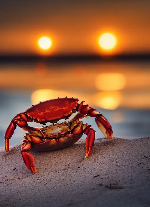 Image similar to a happy crab beside a beer at the beach, golden hour, bokeh, 4k