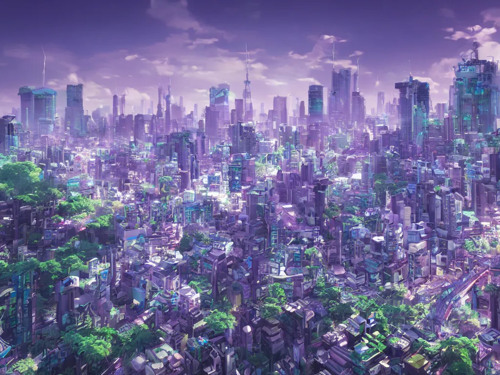 Image similar to a beautiful otherworldly fantasy model cityscape of tokyo in extreme detail, studio ghibli and pixar and abzu, rendering, cryengine, deep colors, purple and blue and green colors, vray render, cgsociety, bioluminescent