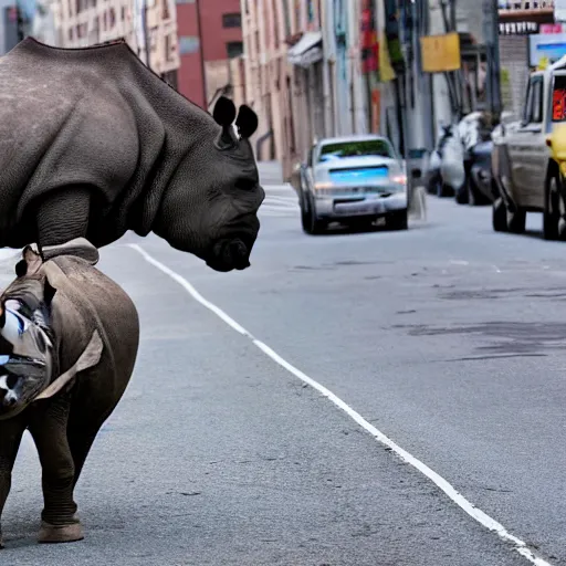 Prompt: photograph of a shirtless putin riding a rhinoceros down a desolate city street