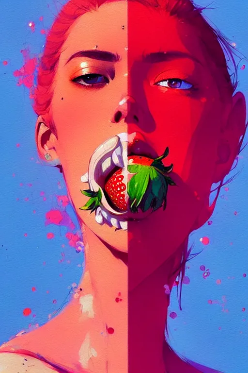 Image similar to a ultradetailed beautiful panting of a stylish woman with a strawberry in her mouth, by conrad roset, greg rutkowski and makoto shinkai, trending on artstation