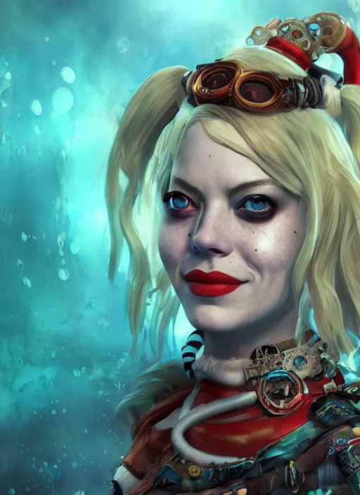 Image similar to underwater pirate steampunk portrait of emma stone as harley quinn, hyper detailed, digital art, cinematic lighting, studio quality, smooth render, unreal engine 5, octane rendered, art style by klimt and nixeu and ian sprigger and krenz cushart.