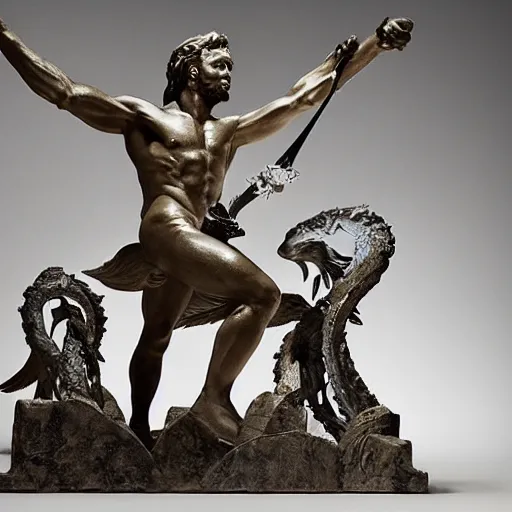 Image similar to The kinetic sculpture depicts the mythical hero Hercules in the moments after he has completed one of his twelve labors, the killing of the Hydra. Hercules is shown standing over the dead Hydra, his body covered in blood and his right hand still clutching the sword that slew the beast. His face is expressionless, betraying neither the exhaustion nor the triumph that must surely accompany such a feat. warm indigo by Serge Marshennikov, by Marco Mazzoni energetic