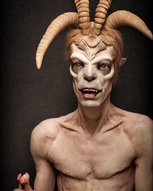 Image similar to actor Doug Jones in Elaborate Pan Satyr Goat Man Makeup and prosthetics designed by Rick Baker, Hyperreal, Head Shots Photographed in the Style of Annie Leibovitz, Studio Lighting