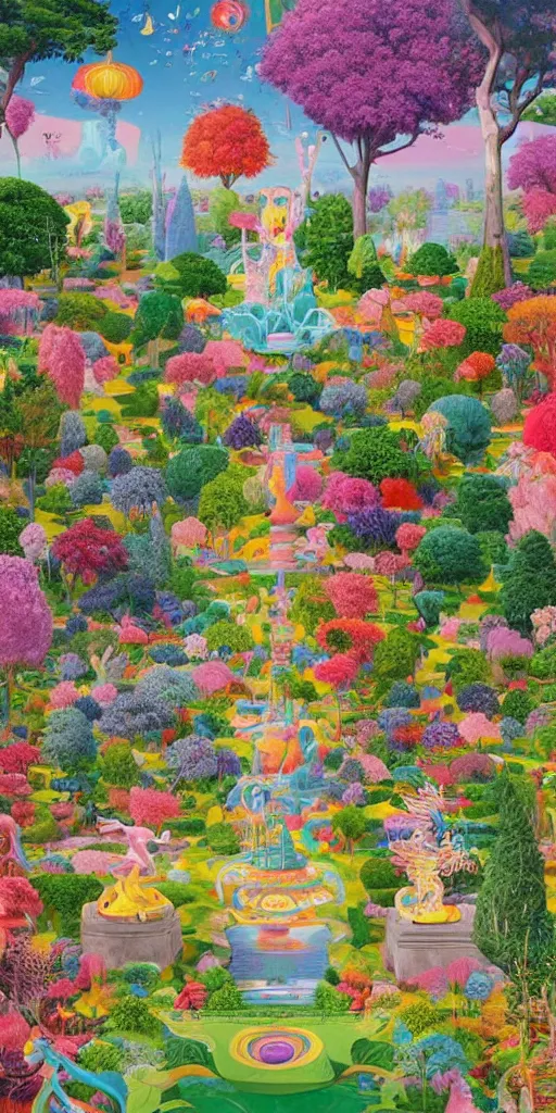 Image similar to bosch and beeple ( ( ( and lisa frank ) ) ) painting of a magnificent garden filled with remarkable sculptures, trees, and structures, incredible details