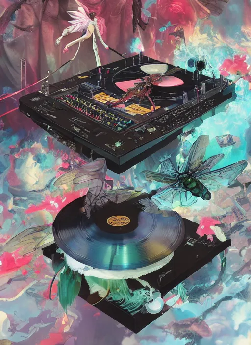 Image similar to surreal gouache painting, by yoshitaka amano, by ruan jia, by Conrad roset, by good smile company, detailed anime 3d render of a magical Dragonfly flying on a DJ Mixer, Vinyl deck, controller , portrait, cgsociety, artstation, rococo mechanical and Digtanl and electronic, dieselpunk atmosphere
