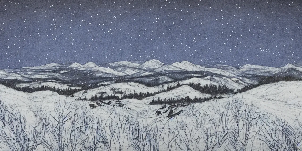 Image similar to laurentian appalachian mountains in winter, unique, original and creative landscape, lines and dots drawing, snowy night, distant town lights, aurora borealis, deers and ravens, footsteps in the snow, brilliant composition, fascinating textures