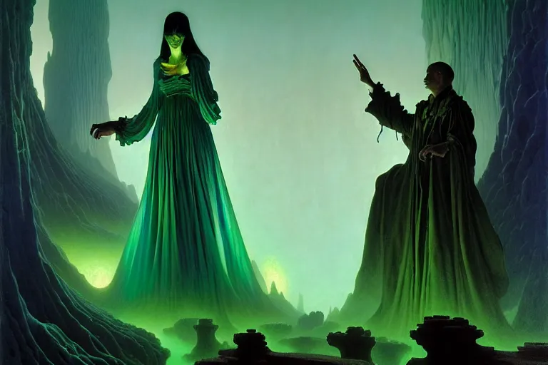 Image similar to the female arcanist and the male artificer by zacharias aagaard and albert bierstadt and gerald brom and zdzisław beksinski and james gilleard and wayne barlowe and marc simonetti, beautiful, robes, highly detailed, hyperrealistic, intricate, energy, electricity, blue flame, low light, green crystal, high contrast