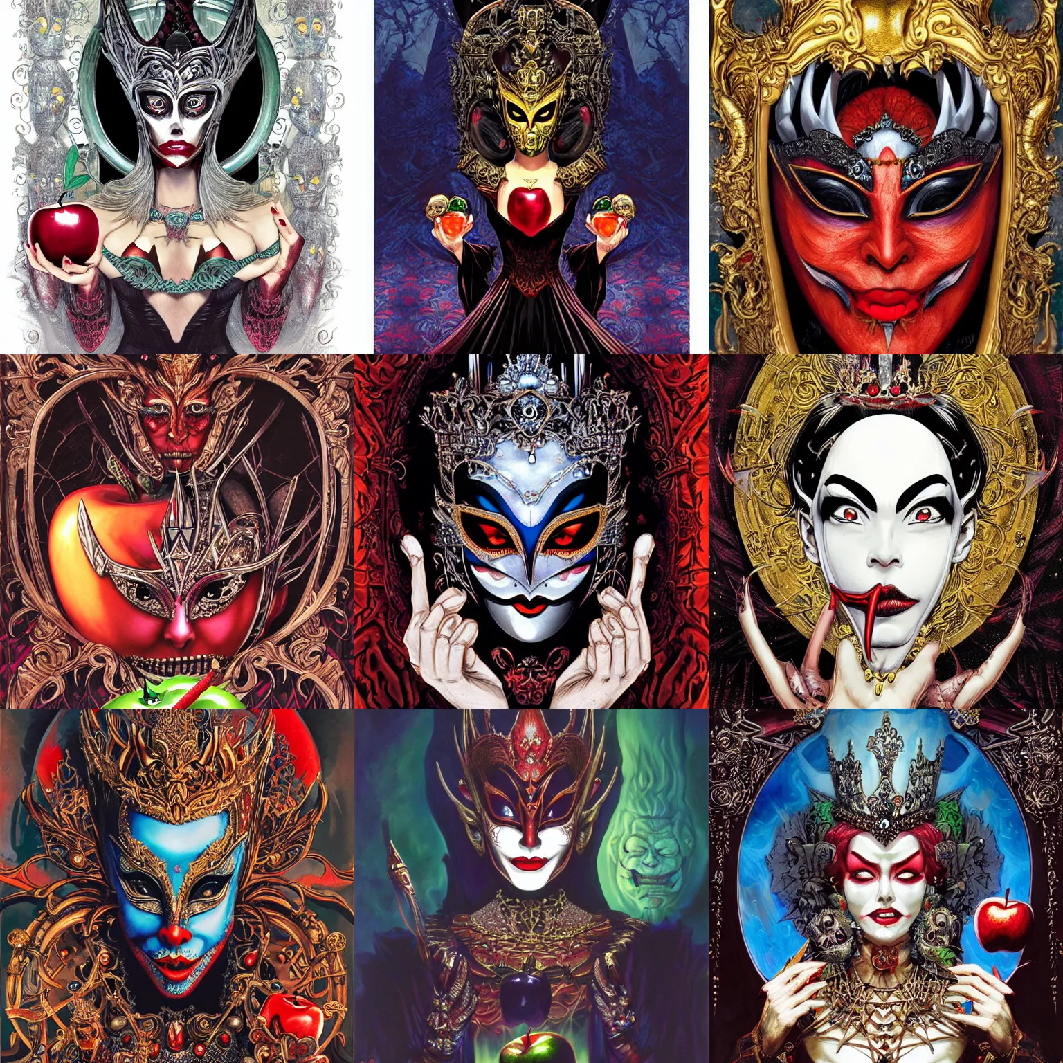 Prompt: potrait of a beautiful evil queen wearing a half - face metal carved mask is holding an apple facing the magic mirror, by masamune shirow, ayami kojima, josan gonzalez, yoshitaka amano, dan mumford, barclay shaw
