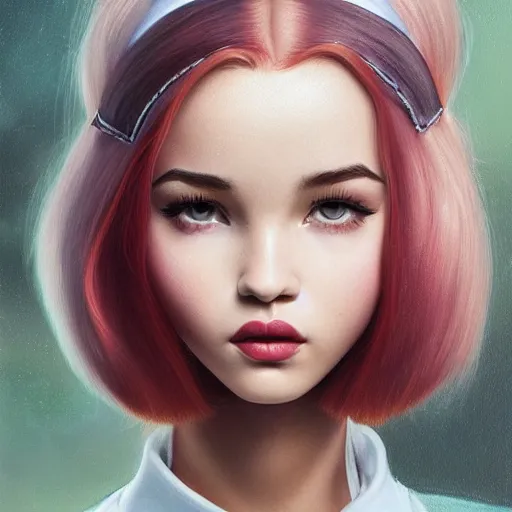 Image similar to tom bagshaw, very beautiful genetic mix of dove cameron madison beer bella poarch in a school sailor suit, randomly lustrous colored hair, professionally retouched, focus eyes, ultra realistic soft painting, insanely detailed linework, symmetrical accurate intricate features, behance artstation, 8 k