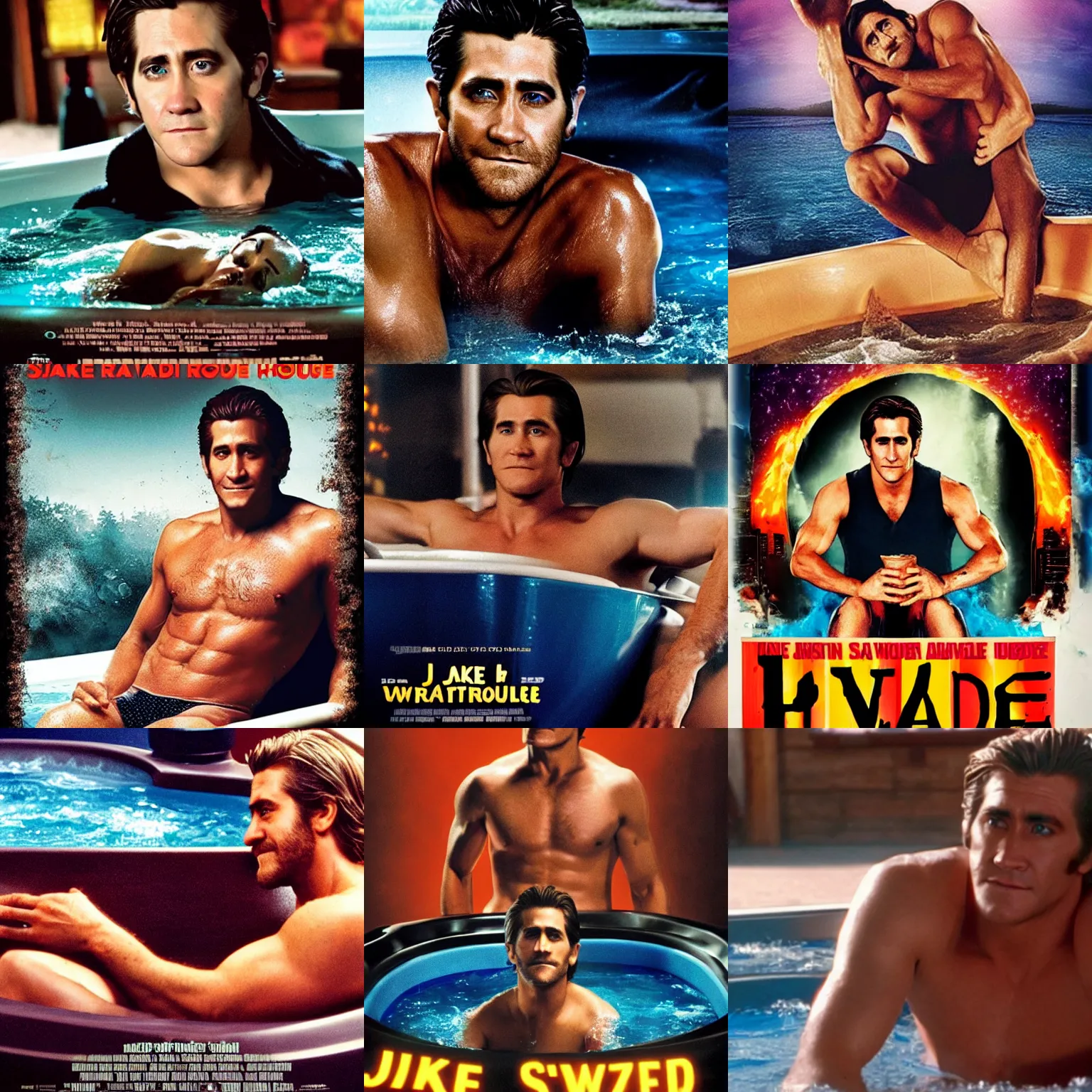 Prompt: a movie poster of Jake Gyllenhaal as patrick Swayze sitting in a hot tub in the movie Road House