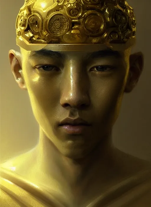 Prompt: a portrait of a golden sage child with an enormously large head, an ancient pale sage child with a third eye, highly detailed, digital painting, artstation, concept art, intricate, elegant, smooth, sharp focus, art by wlop, mars ravelo and greg rutkowski and craig mullins