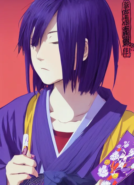 Image similar to teenager boy with straight indigo hair, purple eyes with red eye markers, slim body, wearing a detailed Japanese kimono, holding a pair of fans. rich vivid colors, ambient lighting, dynamic lighting, 4k, official media, anime key visual, makoto shinkai, ilya kuvshinov, lois van baarle, rossdraws, detailed, trending on artstation