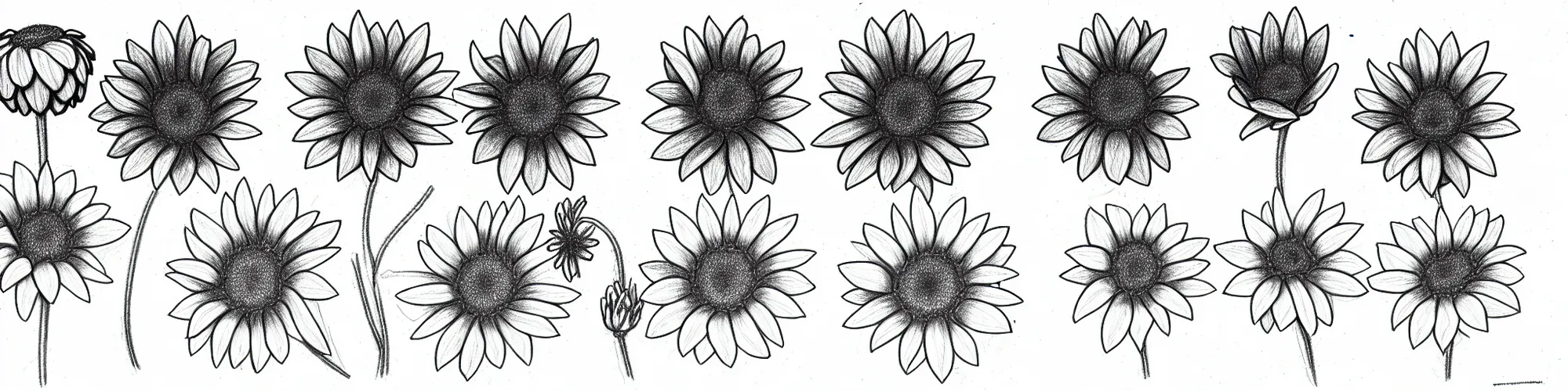 Image similar to excellent flower in various stages of life, line drawing, pencil